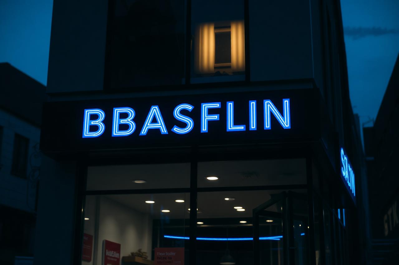 Illuminated channel letter storefront sign at dusk